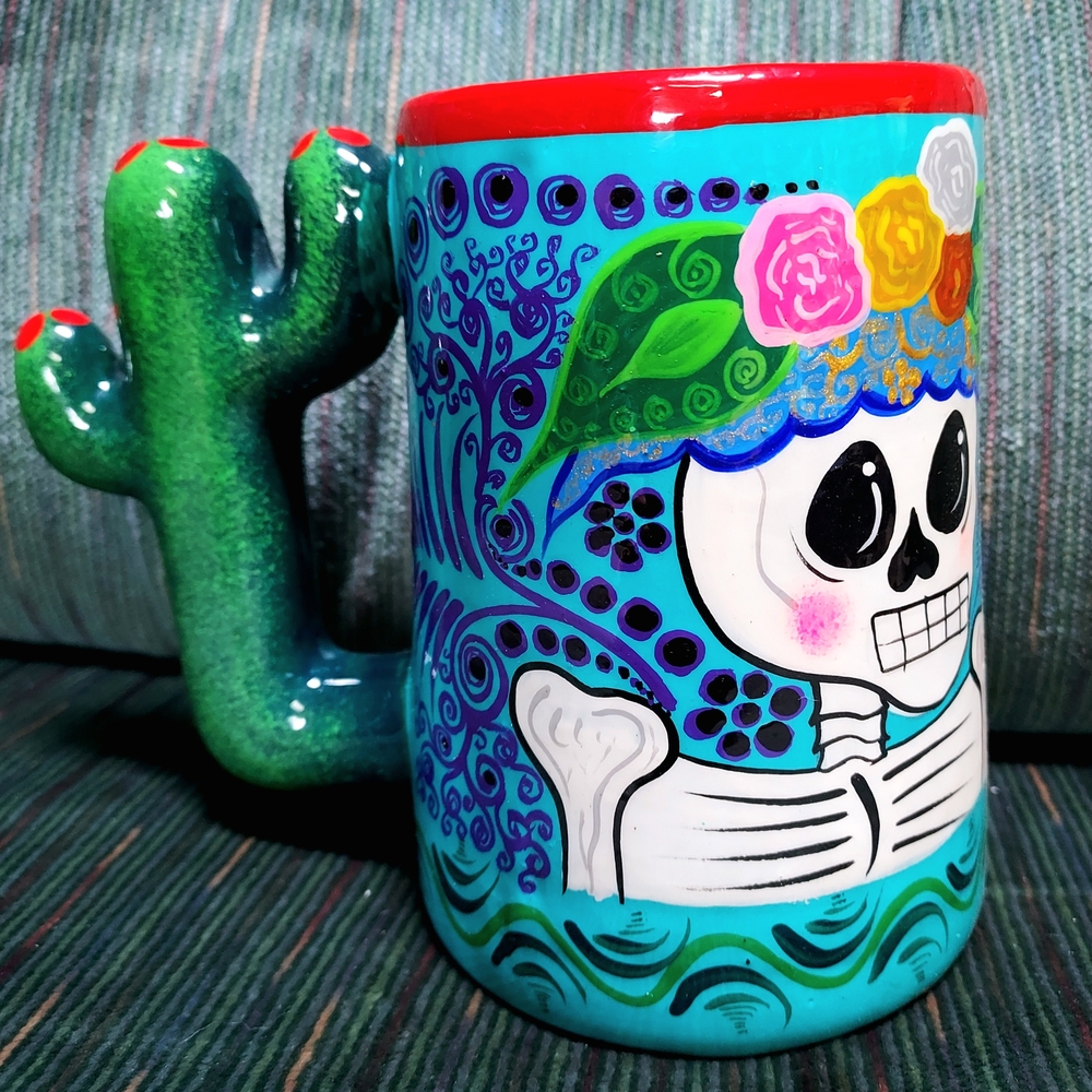 Day Of The Dead Redware Pottery Colorful Skull Mug Cup Cactus Handle Calavera